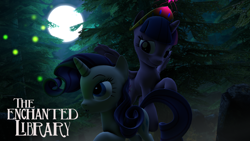 Size: 3840x2160 | Tagged: safe, alternate version, artist:henry, derpibooru exclusive, derpibooru import, rarity, twilight sparkle, twilight sparkle (alicorn), alicorn, pony, unicorn, fanfic:the enchanted library, 3d, element of magic, fanfic art, fog, forest, high res, moon, source filmmaker