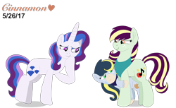 Size: 4096x2514 | Tagged: safe, artist:cinnamon-swirls, oc, oc only, oc:acapella apple, oc:pristine melody, oc:radiant jewel, earth pony, pony, unicorn, absurd resolution, bandana, hiding, kindverse, magical lesbian spawn, next generation, offspring, parent:applejack, parent:coloratura, parent:fancypants, parent:rarity, parents:rarajack, parents:raripants, simple background, transparent background