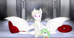 Size: 2904x1500 | Tagged: safe, artist:silviawing, artist:silviawing albino, derpibooru import, oc, oc only, oc:albi light wing, oc:kika, bat pony, changeling, albino, albino changeling, amber eyes, collar, female, green changeling, green hair, horn, mare, nightpony, pillow, purple eyes, sofa, white hair, white skin