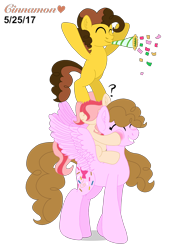 Size: 2048x2732 | Tagged: safe, artist:cinnamon-swirls, oc, oc only, oc:chocolate cheesecake, oc:confetti surprise, oc:cream jade, earth pony, pegasus, pony, bipedal, confetti, eyes closed, kindverse, next generation, noisemaker, offspring, parent:cheese sandwich, parent:pinkie pie, parents:cheesepie, simple background, transparent background