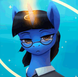 Size: 900x888 | Tagged: safe, artist:rodrigues404, derpibooru import, oc, oc only, oc:mint petal, pony, unicorn, animated, blinking, cinemagraph, clothes, female, gif, glasses, looking at you, magic, mare, solo, suit