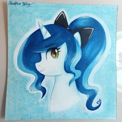 Size: 3018x3018 | Tagged: safe, artist:chelseaz123, derpibooru import, oc, oc only, unicorn, bow, bust, female, mare, ponytail, portrait, signature, solo, traditional art