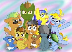 Size: 3300x2401 | Tagged: safe, artist:crazynutbob, quibble pants, oc, oc:barkin orders, oc:crash course, oc:drumbeat, oc:midnight howl, oc:ringaling, oc:rounda applause, oc:standin soapbox, oc:victory screech, oc:weeping willow, baby, big family, braces, colt, diaper, family photo, female, filly, foal, hair over eyes, hair over one eye, head tilt, hidden eyes, male, missing teeth, multicolored hair, sunglasses, younger