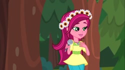 Size: 1100x618 | Tagged: safe, screencap, gloriosa daisy, equestria girls, legend of everfree, female, lidded eyes, magical geodes, microphone, solo