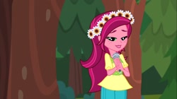 Size: 1100x618 | Tagged: safe, screencap, gloriosa daisy, equestria girls, legend of everfree, female, lidded eyes, magical geodes, microphone, solo