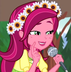 Size: 615x617 | Tagged: safe, screencap, gloriosa daisy, equestria girls, legend of everfree, cropped, female, lidded eyes, lip bite, magical geodes, microphone, solo