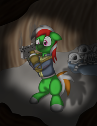 Size: 5100x6600 | Tagged: safe, artist:glacierfrostclaw, derpibooru import, oc, oc only, oc:wandering sunrise, earth pony, pony, fallout equestria, fallout equestria: dead tree, absurd resolution, bone, cave, dead, fallout, female, gun, mare, pipbuck, puddle, skeleton, stable dweller, weapon