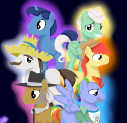 Size: 1500x1450 | Tagged: safe, artist:liniitadash23, bow hothoof, bright mac, gentle breeze, hondo flanks, igneous rock pie, night light, pegasus, pony, unicorn, the perfect pear, bowtie, clothes, dad six, facial hair, father, hat, horn, male, missing cutie mark, shirt, smiling, stallion