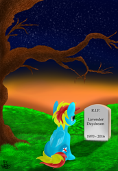 Size: 1880x2733 | Tagged: safe, artist:flamelight-dash, derpibooru import, oc, oc only, oc:flamelight dash, pony, gravestone, implied death, male, night, night sky, rest in peace, sitting, sky, solo, stars, tree, tree branch