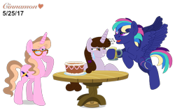 Size: 4096x2581 | Tagged: safe, artist:cinnamon-swirls, oc, oc only, oc:cinnamon heart, oc:firework, oc:kindheart, pegasus, pony, unicorn, absurd resolution, birthday cake, cake, cider, drunk, food, glasses, kindverse, offspring, parent:rainbow dash, parent:soarin', parents:soarindash, simple background, sweat, table, transparent background