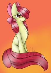 Size: 1024x1471 | Tagged: safe, artist:leyume, apple bloom, earth pony, pony, adorabloom, cute, female, filly, gradient background, red hair, red tail, sitting, solo, yellow fur