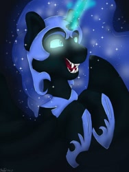 Size: 600x800 | Tagged: dead source, safe, artist:c-h-y-a, nightmare moon, alicorn, pony, black background, bust, eyebrows, galaxy mane, glowing eyes, glowing horn, magic, portrait, sharp teeth, simple background, solo, teeth