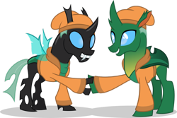 Size: 1024x685 | Tagged: safe, artist:mlp-trailgrazer, derpibooru import, oc, oc:sketchy bughorse, changedling, changeling, beret, clothes, duality, hat, simple background, transparent background, vest