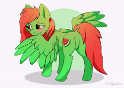 Size: 7016x4961 | Tagged: safe, artist:miri-kiri, artist:muffinkarton, oc, oc only, oc:watermelon frenzy, pegasus, pony, absurd resolution, food, frenzy, shy, solo, watermelon