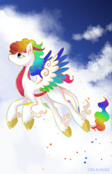 Size: 1195x1850 | Tagged: safe, artist:supremeowl, derpibooru import, oc, oc:iridessa, kirin, pony, cloud, cloven hooves, flying, horns, solo