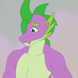 Size: 1688x1688 | Tagged: safe, artist:moonakart13, artist:moonaknight13, derpibooru import, spike, dragon, clothes, freckles, looking down, muscles, partial nudity, scales, smiling, topless