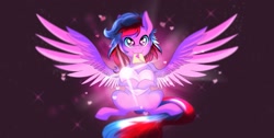 Size: 1261x634 | Tagged: safe, artist:ask-colorsound, derpibooru import, oc, oc only, oc:rose, pegasus, pony, female, heart, heart eyes, love, mare, purple eyes, smiling, solo, sparkle, wingding eyes