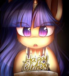 Size: 1349x1489 | Tagged: safe, artist:snowbunny0820, derpibooru import, oc, oc:galaxy swirls, pony, unicorn, birthday cake, cake, candle, eye clipping through hair, female, food, mare, offspring, parent:flash sentry, parent:twilight sparkle, parents:flashlight, solo