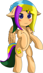 Size: 690x1169 | Tagged: safe, artist:ppptly, derpibooru import, oc, oc only, oc:program mouse, pegasus, pony, :3, blushing, cute, ear fluff, female, floppy ears, hairclip, mare, simple background, smiling, solo, standing, transparent background