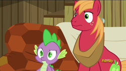 Size: 1600x900 | Tagged: safe, screencap, big macintosh, spike, dragon, dungeons and discords, confused, discovery family logo, expressions, sofa, stairs, yoke