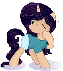 Size: 6107x6900 | Tagged: safe, artist:joemasterpencil, derpibooru import, oc, oc only, oc:melody, pony, unicorn, absurd resolution, clothes, female, mare, one eye closed, raised hoof, shirt, shorts, simple background, solo, t-shirt, transparent background, vector, wink