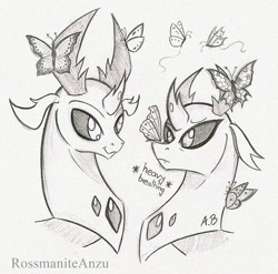 Size: 1437x1419 | Tagged: safe, artist:rossmaniteanzu, derpibooru import, pharynx, thorax, butterfly, changedling, changeling, changedling brothers, cute, descriptive noise, gray background, grayscale, heavy breathing, king thorax, male, monochrome, pharybetes, prince pharynx, scared, simple background, sketch, thorabetes, traditional art