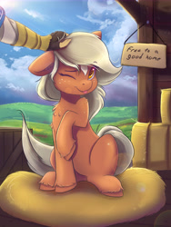 Size: 9144x12192 | Tagged: safe, artist:ardail, derpibooru import, earth pony, human, pony, absurd resolution, adoption, blaze (coat marking), chest fluff, cute, daaaaaaaaaaaw, ear fluff, epona, eponadorable, female, freckles, hand, hay, hay bale, head pat, link, mare, one eye closed, pat, petting, ponified, sign, sitting, smiling, the legend of zelda, the legend of zelda: breath of the wild, tongue out, wink