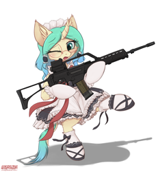 Size: 1520x1646 | Tagged: safe, artist:orang111, derpibooru import, oc, oc only, oc:coconut daiquiri, classical unicorn, unicorn, assault rifle, bipedal, clothes, cloven hooves, crossover, cute, dress, female, g36, girl's frontline, glasses, gun, heckler and koch, hoof hold, leonine tail, maid, ocbetes, one eye closed, rifle, solo, weapon