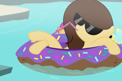 Size: 2773x1841 | Tagged: safe, artist:rachelclaraart, derpibooru import, oc, oc:rachel, earth pony, pony, base used, female, inner tube, mare, solo, sunglasses