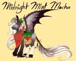 Size: 1171x953 | Tagged: safe, artist:yuyusunshine, oc, oc only, oc:midnight mint mocha, bat pony, pony, female, herb, leg warmers, mare, plant, simple background, solo, unshorn fetlocks, watermark