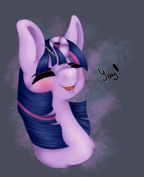 Size: 1630x2000 | Tagged: safe, artist:vlorn, derpibooru import, twilight sparkle, pony, blushing, commission, flexible horn, happy, head scratch, prehensile horn, scratching, smiling, solo, wat, yay