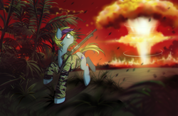 Size: 1200x780 | Tagged: safe, artist:skyeypony, derpibooru import, oc, oc only, pony, clothes, explosion, female, gun, looking back, solo, weapon