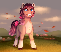 Size: 1000x851 | Tagged: safe, artist:miamaha, derpibooru import, oc, oc only, pony, female, mare, parent:cherry jubilee, scenery, smiling, solo, unshorn fetlocks