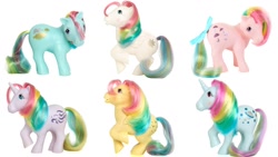 Size: 1280x720 | Tagged: safe, derpibooru import, moonstone, parasol (g1), skydancer, starshine, sunlight (g1), windy (g1), pony, g1, brushable, rainbow ponies, toy