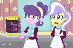Size: 1241x818 | Tagged: safe, derpibooru import, screencap, suri polomare, upper crust, acadeca, equestria girls, friendship games, apron, ascot, cake, clothes, cropped, crystal prep academy uniform, crystal prep shadowbolts, duo, duo female, ear piercing, earring, female, food, gasp, jewelry, necklace, nervous, open mouth, pearl necklace, piercing, scarf, school uniform, shocked
