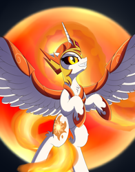 Size: 2750x3500 | Tagged: safe, artist:orangejuicerus, derpibooru import, daybreaker, alicorn, pony, female, hoof shoes, mane of fire, mare, rearing, solo, spread wings, sun, wings