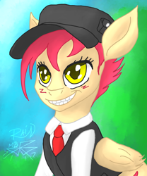 Size: 720x864 | Tagged: safe, artist:rain-hatchett, oc, oc only, oc:summer rain, pegasus, pony, cap, clothes, female, grin, hat, human teeth, smiling, solo