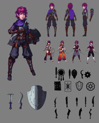 Size: 1024x1271 | Tagged: dead source, safe, artist:sunset tide, derpibooru import, scootaloo, human, alternate costumes, armor, assassin, fantasy class, female, gray background, humanized, knife, shield, simple background, solo, species swap, wing ears