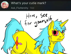 Size: 1242x944 | Tagged: safe, artist:chickengoddess, derpibooru import, oc, oc:golden rule, annoyed, ask, blue mane, cutie mark, face down ass up, ifunny, red eyes, solo, tumblr, yellow fur