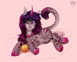 Size: 1200x960 | Tagged: safe, artist:margony, derpibooru import, oc, oc only, original species, cat tail, chest fluff, commission, crystal, curved horn, digital art, ear fluff, female, horn, looking at you, mare, one eye closed, signature, solo, spots, wink, yarn, yarn ball