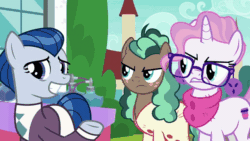 Size: 640x360 | Tagged: safe, derpibooru import, screencap, ever essence, minty mocha, raspberry latte, earth pony, pony, unicorn, the parent map, animated, armpits, bags under eyes, body odor, building, clothes, disgusted, ear piercing, earring, essence, eyes closed, floppy ears, freckles, frown, gif, glasses, hipster, jewelry, messy hair, necktie, nodding, perfume, piercing, scarf, scowl, shrunken pupils, sire's hollow, smell, smelly, suit, sweater, trio, visible stench