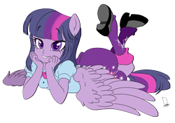 Size: 3507x2480 | Tagged: safe, artist:dormin-dim, derpibooru import, twilight sparkle, twilight sparkle (alicorn), alicorn, equestria girls, clothes, commission, cute, ponied up, prone, simple background, smiling, solo, transparent background, twiabetes, wings