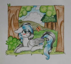 Size: 1826x1636 | Tagged: safe, artist:adostume, derpibooru import, oc, oc only, butterfly, pegasus, pony, blushing, cute, eyes on the prize, female, floppy ears, forest, looking at something, looking back, mare, nature, ocbetes, prone, scenery, smiling, solo, tail wrap, traditional art, tree, wing fluff