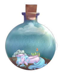 Size: 2104x2576 | Tagged: safe, artist:harmonyskish, derpibooru import, oc, oc only, oc:moonflare, pegasus, pony, bottle, female, high res, mare, pony in a bottle, prone, rain, simple background, solo, transparent background