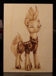 Size: 1280x1750 | Tagged: safe, artist:horseez, derpibooru import, tempest shadow, pyrography, solo, traditional art