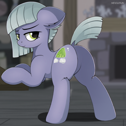 Size: 2048x2048 | Tagged: safe, artist:negasun, derpibooru import, limestone pie, earth pony, pony, bedroom eyes, digital art, dock, female, high res, lidded eyes, limestonebutt, mare, plot, signature, smiling, solo, stupid sexy limestone pie, table