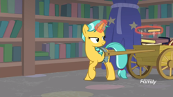 Size: 1366x768 | Tagged: safe, derpibooru import, screencap, citrine spark, fire quacker, pony, unicorn, molt down, background pony, book, cart, female, friendship student, glowing horn, harness, levitation, library, lidded eyes, looking back, magic, magic aura, mare, raised hoof, solo, tack, telekinesis