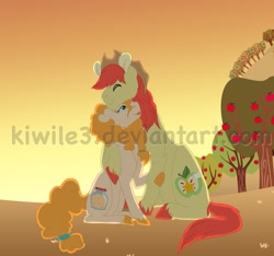 Size: 1023x957 | Tagged: safe, artist:kiwile3, derpibooru import, bright mac, pear butter, apple, apple tree, brightbutter, cuddling, cute, female, food, hat, male, mare, obtrusive watermark, shipping, stallion, straight, sunset, sweet apple acres, tree, watermark