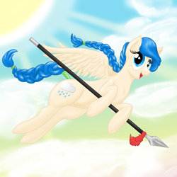 Size: 3000x3000 | Tagged: safe, artist:lookabombaboo, oc, oc only, oc:sky spear, pegasus, pony, braid, flying, sky, spear, weapon