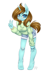 Size: 1024x1499 | Tagged: safe, artist:theanthropony, oc, oc only, oc:hope, anthro, unguligrade anthro, unicorn, anthro oc, clothes, cute, daisy dukes, female, looking at you, mare, ocbetes, peace sign, shorts, simple background, smiling, solo, sweater, tongue out, transparent background